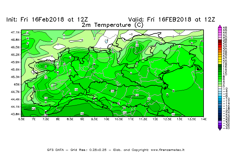 Mappa di analisi GFS - Temperatura a 2 metri dal suolo [°C] in Nord-Italia
							del 16/02/2018 12 <!--googleoff: index-->UTC<!--googleon: index-->