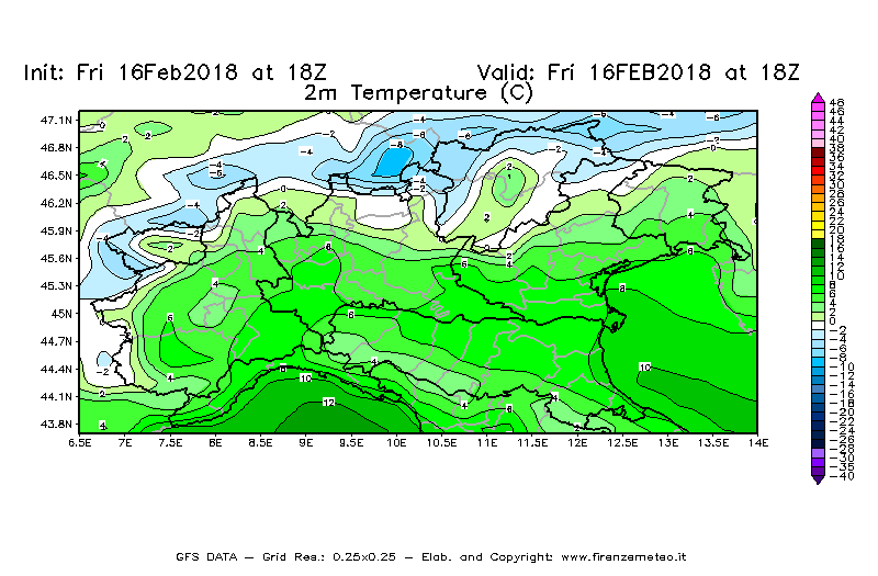 Mappa di analisi GFS - Temperatura a 2 metri dal suolo [°C] in Nord-Italia
							del 16/02/2018 18 <!--googleoff: index-->UTC<!--googleon: index-->