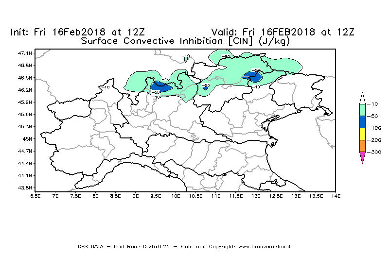 Mappa di analisi GFS - CIN [J/kg] in Nord-Italia
							del 16/02/2018 12 <!--googleoff: index-->UTC<!--googleon: index-->