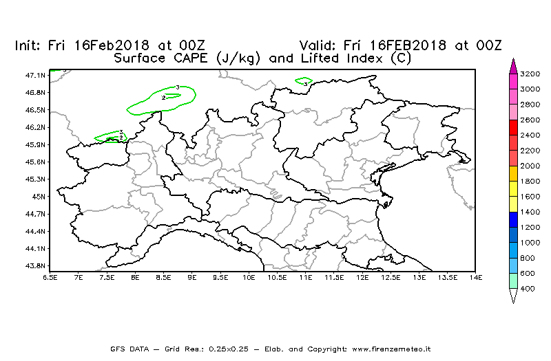 Mappa di analisi GFS - CAPE [J/kg] e Lifted Index [°C] in Nord-Italia
							del 16/02/2018 00 <!--googleoff: index-->UTC<!--googleon: index-->