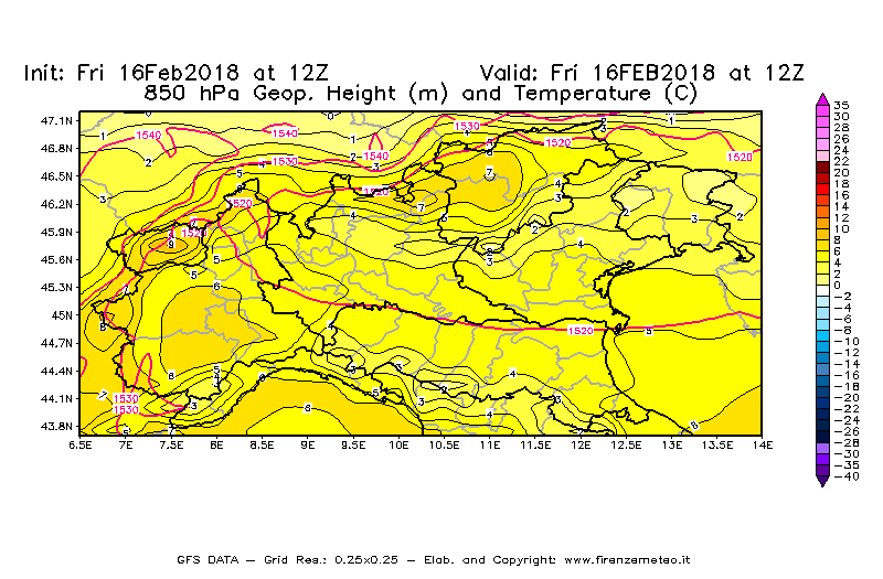 Mappa di analisi GFS - Geopotenziale [m] e Temperatura [°C] a 850 hPa in Nord-Italia
							del 16/02/2018 12 <!--googleoff: index-->UTC<!--googleon: index-->