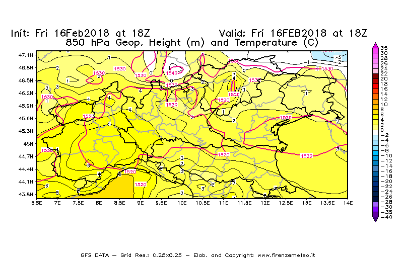 Mappa di analisi GFS - Geopotenziale [m] e Temperatura [°C] a 850 hPa in Nord-Italia
							del 16/02/2018 18 <!--googleoff: index-->UTC<!--googleon: index-->