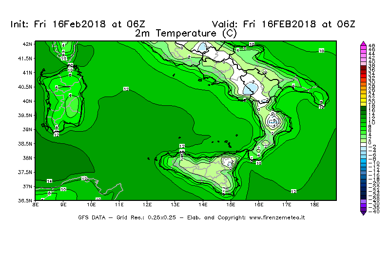 Mappa di analisi GFS - Temperatura a 2 metri dal suolo [°C] in Sud-Italia
							del 16/02/2018 06 <!--googleoff: index-->UTC<!--googleon: index-->