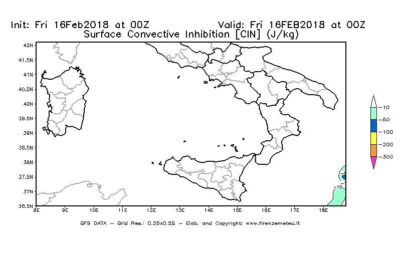 Mappa di analisi GFS - CIN [J/kg] in Sud-Italia
							del 16/02/2018 00 <!--googleoff: index-->UTC<!--googleon: index-->