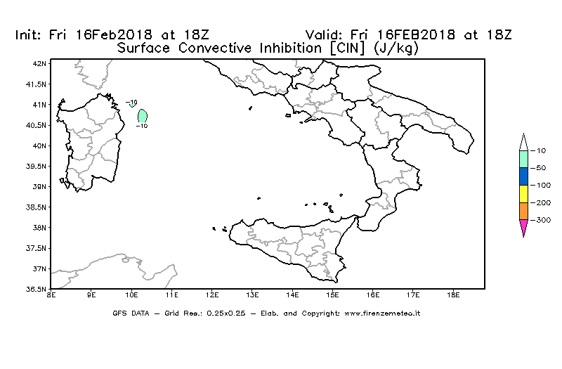 Mappa di analisi GFS - CIN [J/kg] in Sud-Italia
							del 16/02/2018 18 <!--googleoff: index-->UTC<!--googleon: index-->
