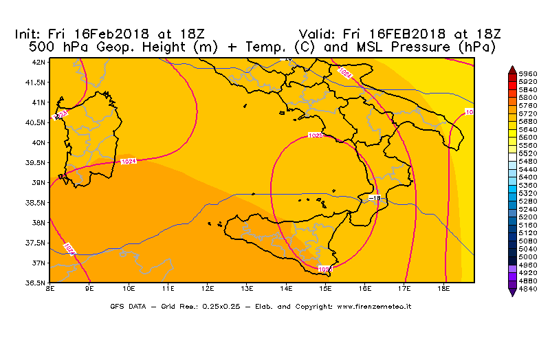 Mappa di analisi GFS - Geopotenziale [m] + Temp. [°C] a 500 hPa + Press. a livello del mare [hPa] in Sud-Italia
							del 16/02/2018 18 <!--googleoff: index-->UTC<!--googleon: index-->