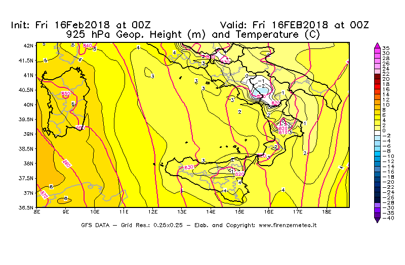 Mappa di analisi GFS - Geopotenziale [m] e Temperatura [°C] a 925 hPa in Sud-Italia
							del 16/02/2018 00 <!--googleoff: index-->UTC<!--googleon: index-->