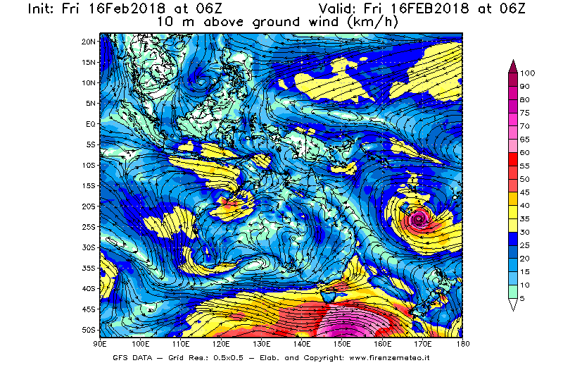 Mappa di analisi GFS - Velocità del vento a 10 metri dal suolo [km/h] in Oceania
							del 16/02/2018 06 <!--googleoff: index-->UTC<!--googleon: index-->