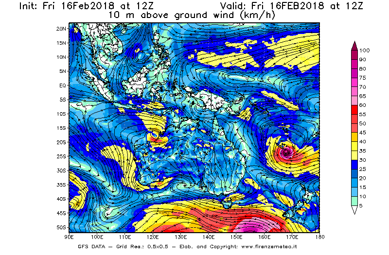 Mappa di analisi GFS - Velocità del vento a 10 metri dal suolo [km/h] in Oceania
							del 16/02/2018 12 <!--googleoff: index-->UTC<!--googleon: index-->