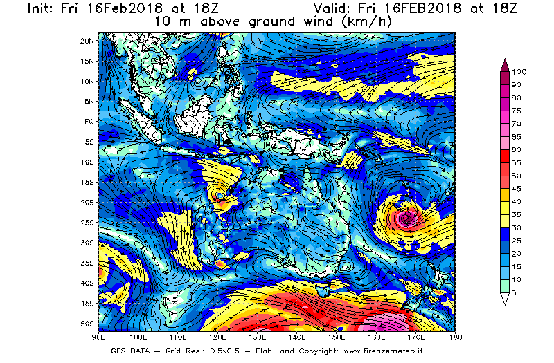 Mappa di analisi GFS - Velocità del vento a 10 metri dal suolo [km/h] in Oceania
							del 16/02/2018 18 <!--googleoff: index-->UTC<!--googleon: index-->