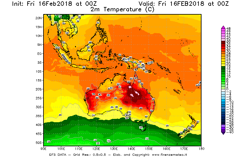 Mappa di analisi GFS - Temperatura a 2 metri dal suolo [°C] in Oceania
							del 16/02/2018 00 <!--googleoff: index-->UTC<!--googleon: index-->