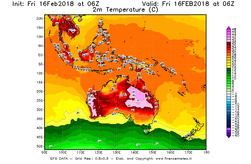 Mappa di analisi GFS - Temperatura a 2 metri dal suolo [°C] in Oceania
							del 16/02/2018 06 <!--googleoff: index-->UTC<!--googleon: index-->