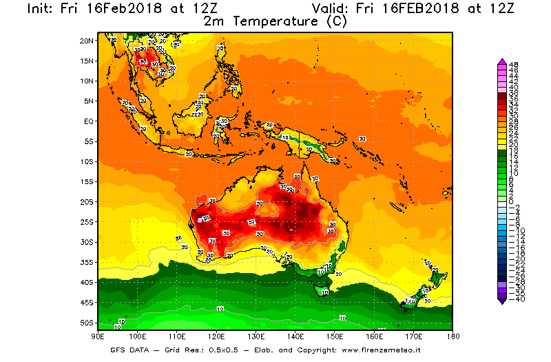 Mappa di analisi GFS - Temperatura a 2 metri dal suolo [°C] in Oceania
							del 16/02/2018 12 <!--googleoff: index-->UTC<!--googleon: index-->