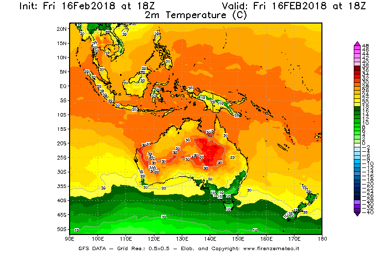 Mappa di analisi GFS - Temperatura a 2 metri dal suolo [°C] in Oceania
							del 16/02/2018 18 <!--googleoff: index-->UTC<!--googleon: index-->