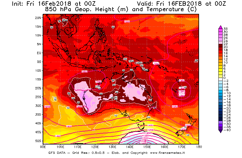 Mappa di analisi GFS - Geopotenziale [m] e Temperatura [°C] a 850 hPa in Oceania
							del 16/02/2018 00 <!--googleoff: index-->UTC<!--googleon: index-->