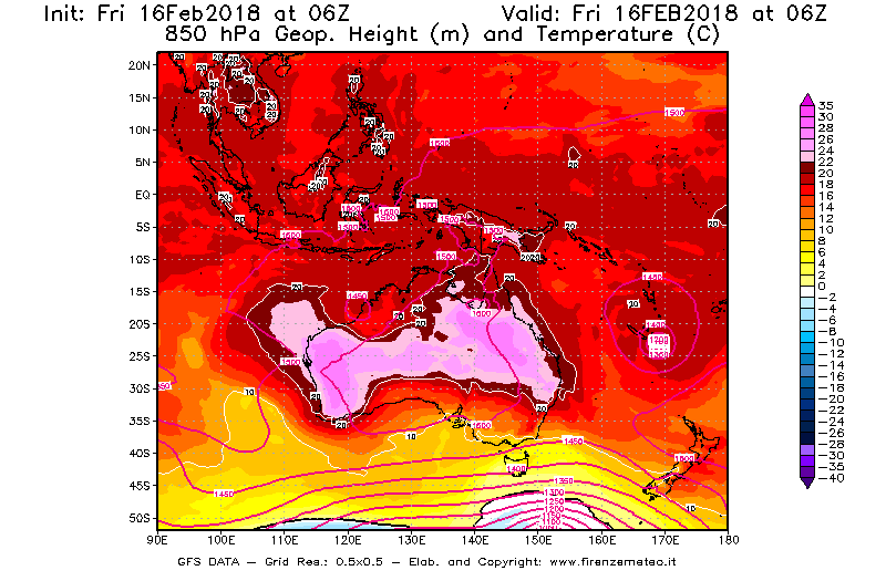 Mappa di analisi GFS - Geopotenziale [m] e Temperatura [°C] a 850 hPa in Oceania
							del 16/02/2018 06 <!--googleoff: index-->UTC<!--googleon: index-->