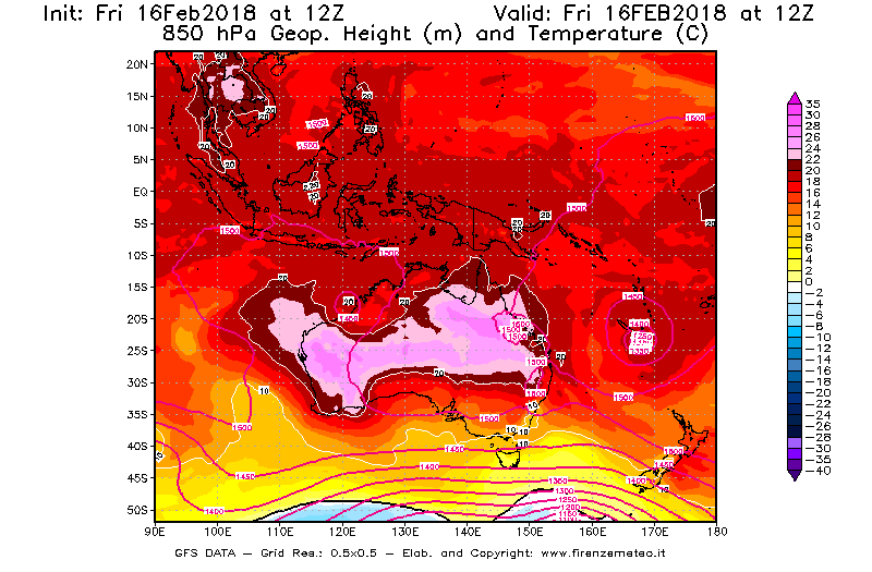 Mappa di analisi GFS - Geopotenziale [m] e Temperatura [°C] a 850 hPa in Oceania
							del 16/02/2018 12 <!--googleoff: index-->UTC<!--googleon: index-->
