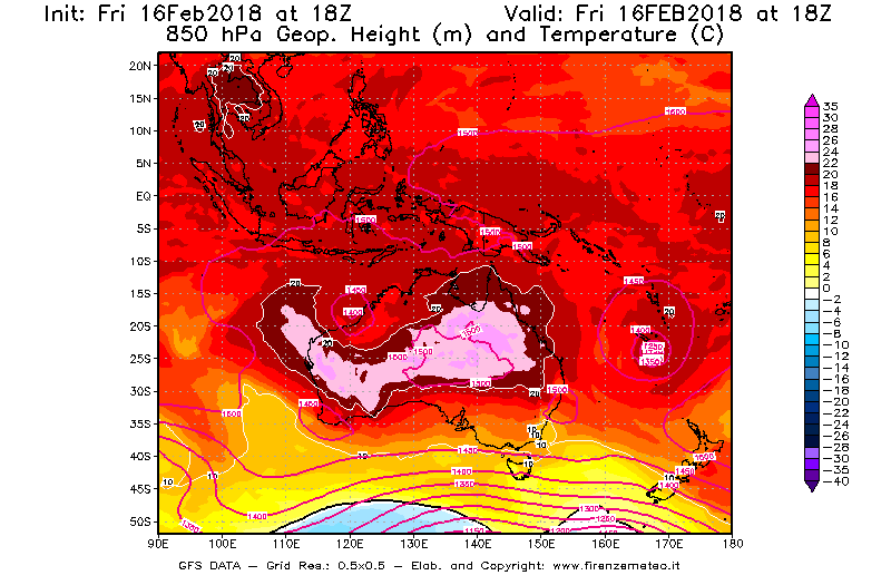 Mappa di analisi GFS - Geopotenziale [m] e Temperatura [°C] a 850 hPa in Oceania
							del 16/02/2018 18 <!--googleoff: index-->UTC<!--googleon: index-->