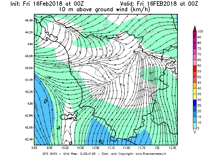 Mappa di analisi GFS - Velocità del vento a 10 metri dal suolo [km/h] in Toscana
							del 16/02/2018 00 <!--googleoff: index-->UTC<!--googleon: index-->