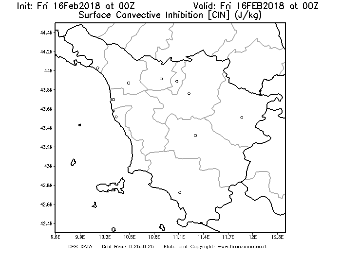 Mappa di analisi GFS - CIN [J/kg] in Toscana
							del 16/02/2018 00 <!--googleoff: index-->UTC<!--googleon: index-->