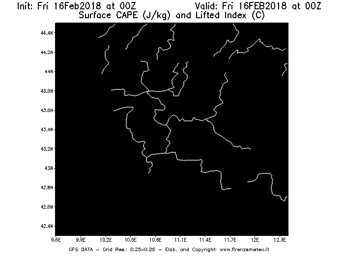 Mappa di analisi GFS - CAPE [J/kg] e Lifted Index [°C] in Toscana
							del 16/02/2018 00 <!--googleoff: index-->UTC<!--googleon: index-->