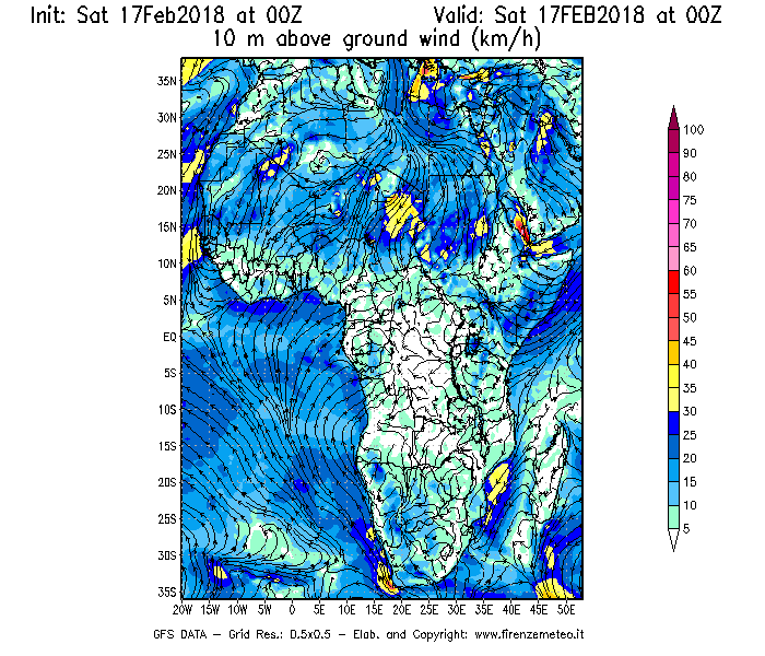 Mappa di analisi GFS - Velocità del vento a 10 metri dal suolo [km/h] in Africa
							del 17/02/2018 00 <!--googleoff: index-->UTC<!--googleon: index-->