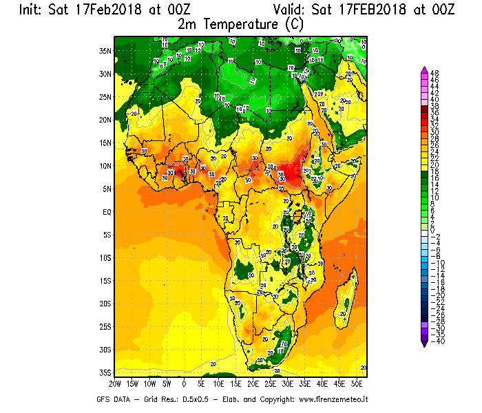 Mappa di analisi GFS - Temperatura a 2 metri dal suolo [°C] in Africa
							del 17/02/2018 00 <!--googleoff: index-->UTC<!--googleon: index-->