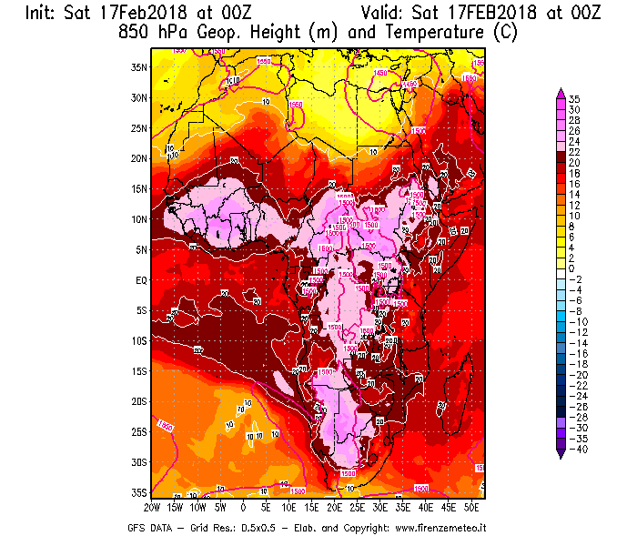 Mappa di analisi GFS - Geopotenziale [m] e Temperatura [°C] a 850 hPa in Africa
							del 17/02/2018 00 <!--googleoff: index-->UTC<!--googleon: index-->