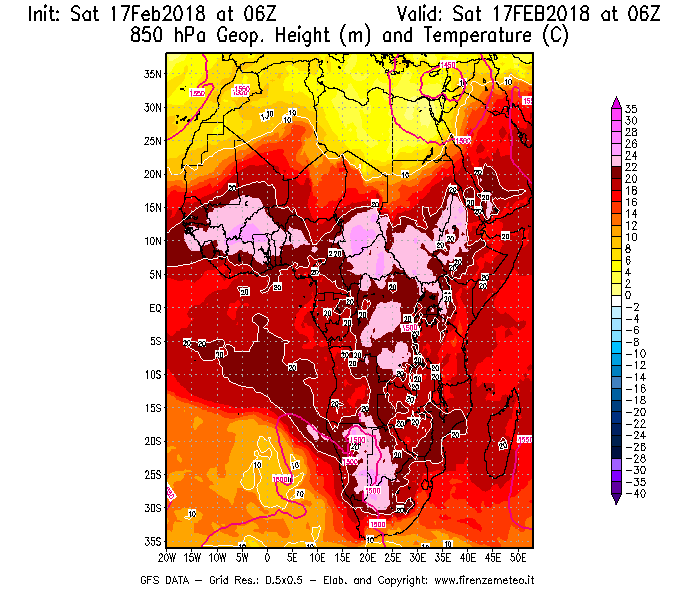 Mappa di analisi GFS - Geopotenziale [m] e Temperatura [°C] a 850 hPa in Africa
							del 17/02/2018 06 <!--googleoff: index-->UTC<!--googleon: index-->