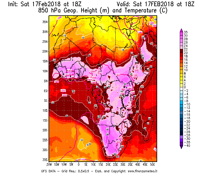 Mappa di analisi GFS - Geopotenziale [m] e Temperatura [°C] a 850 hPa in Africa
							del 17/02/2018 18 <!--googleoff: index-->UTC<!--googleon: index-->