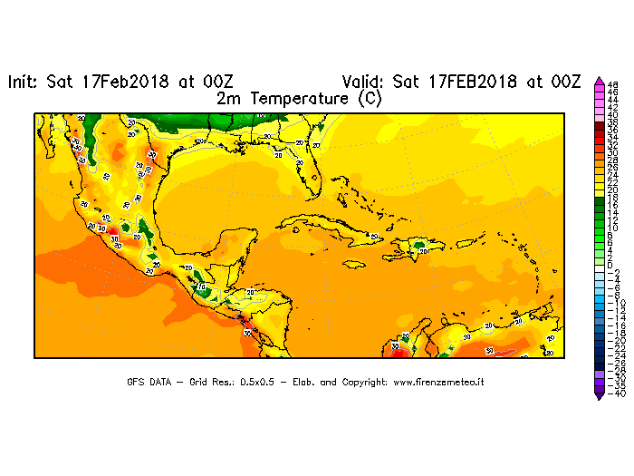 Mappa di analisi GFS - Temperatura a 2 metri dal suolo [°C] in Centro-America
							del 17/02/2018 00 <!--googleoff: index-->UTC<!--googleon: index-->