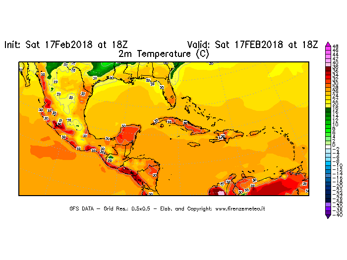 Mappa di analisi GFS - Temperatura a 2 metri dal suolo [°C] in Centro-America
							del 17/02/2018 18 <!--googleoff: index-->UTC<!--googleon: index-->