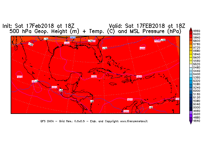 Mappa di analisi GFS - Geopotenziale [m] + Temp. [°C] a 500 hPa + Press. a livello del mare [hPa] in Centro-America
							del 17/02/2018 18 <!--googleoff: index-->UTC<!--googleon: index-->