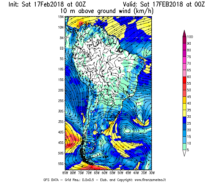 Mappa di analisi GFS - Velocità del vento a 10 metri dal suolo [km/h] in Sud-America
							del 17/02/2018 00 <!--googleoff: index-->UTC<!--googleon: index-->