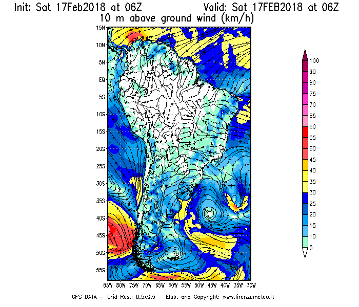 Mappa di analisi GFS - Velocità del vento a 10 metri dal suolo [km/h] in Sud-America
							del 17/02/2018 06 <!--googleoff: index-->UTC<!--googleon: index-->