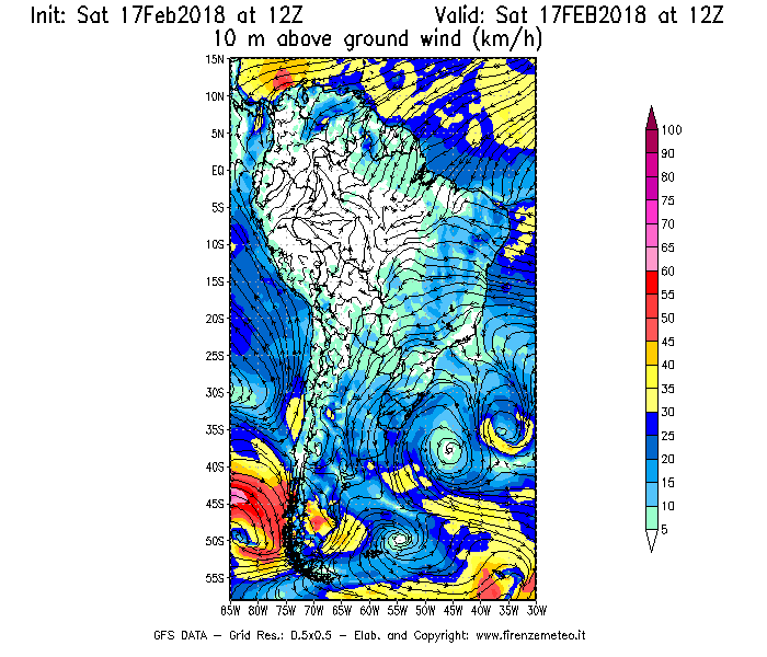 Mappa di analisi GFS - Velocità del vento a 10 metri dal suolo [km/h] in Sud-America
							del 17/02/2018 12 <!--googleoff: index-->UTC<!--googleon: index-->