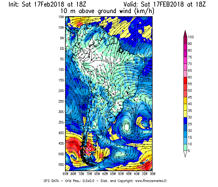 Mappa di analisi GFS - Velocità del vento a 10 metri dal suolo [km/h] in Sud-America
							del 17/02/2018 18 <!--googleoff: index-->UTC<!--googleon: index-->