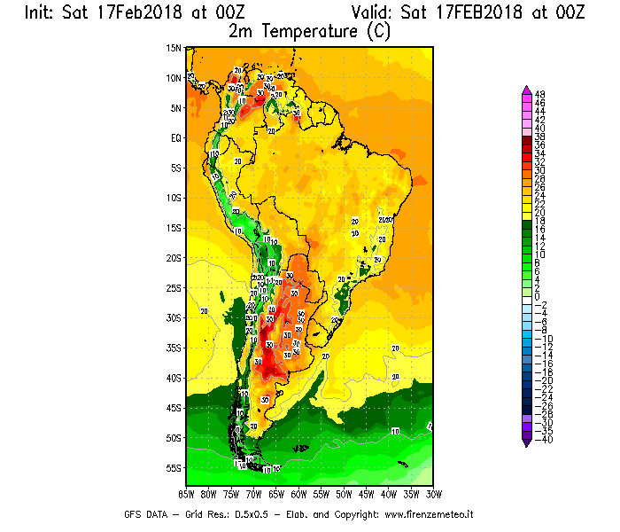 Mappa di analisi GFS - Temperatura a 2 metri dal suolo [°C] in Sud-America
							del 17/02/2018 00 <!--googleoff: index-->UTC<!--googleon: index-->
