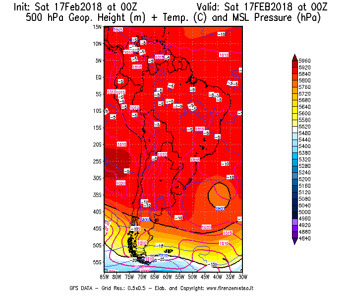 Mappa di analisi GFS - Geopotenziale [m] + Temp. [°C] a 500 hPa + Press. a livello del mare [hPa] in Sud-America
							del 17/02/2018 00 <!--googleoff: index-->UTC<!--googleon: index-->