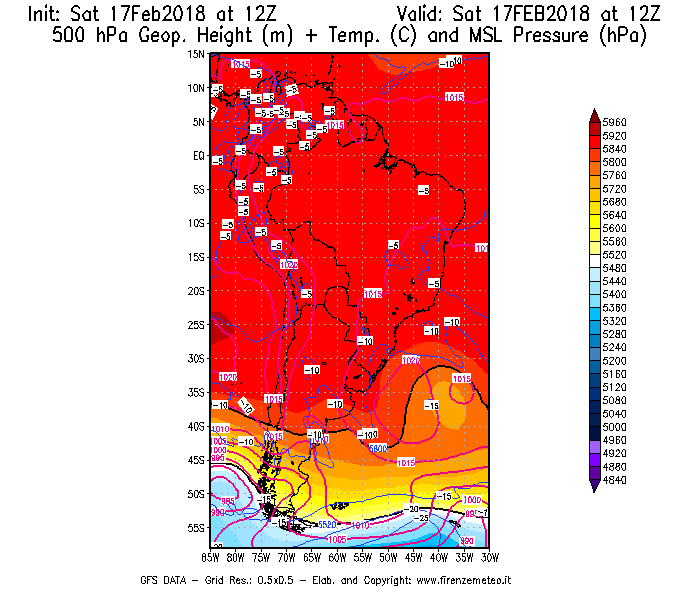Mappa di analisi GFS - Geopotenziale [m] + Temp. [°C] a 500 hPa + Press. a livello del mare [hPa] in Sud-America
							del 17/02/2018 12 <!--googleoff: index-->UTC<!--googleon: index-->