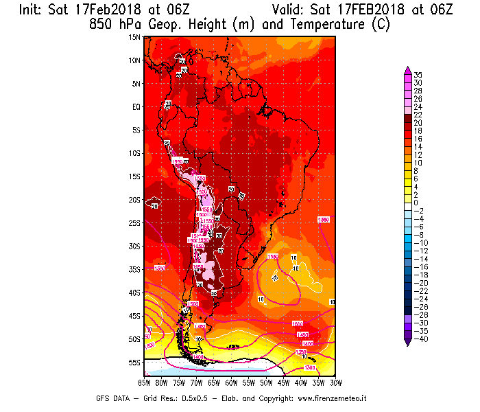 Mappa di analisi GFS - Geopotenziale [m] e Temperatura [°C] a 850 hPa in Sud-America
							del 17/02/2018 06 <!--googleoff: index-->UTC<!--googleon: index-->