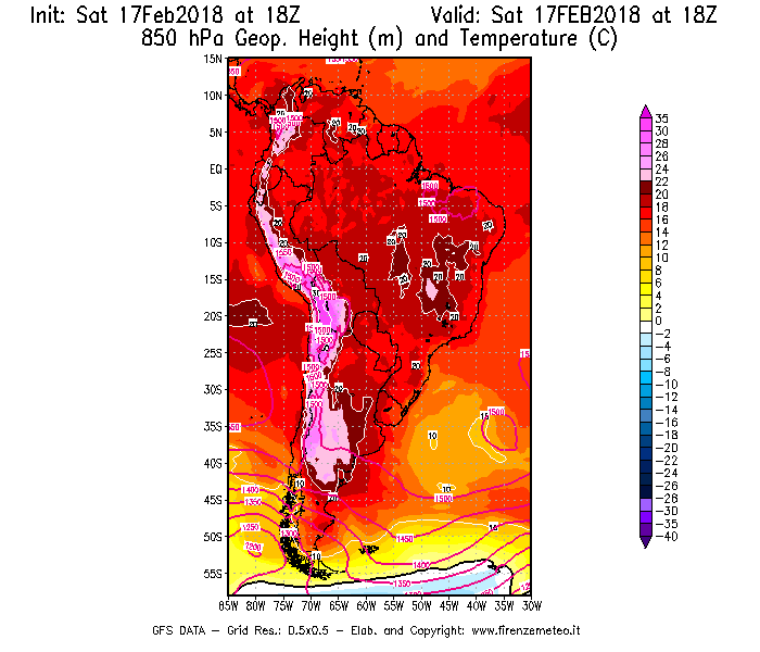 Mappa di analisi GFS - Geopotenziale [m] e Temperatura [°C] a 850 hPa in Sud-America
							del 17/02/2018 18 <!--googleoff: index-->UTC<!--googleon: index-->