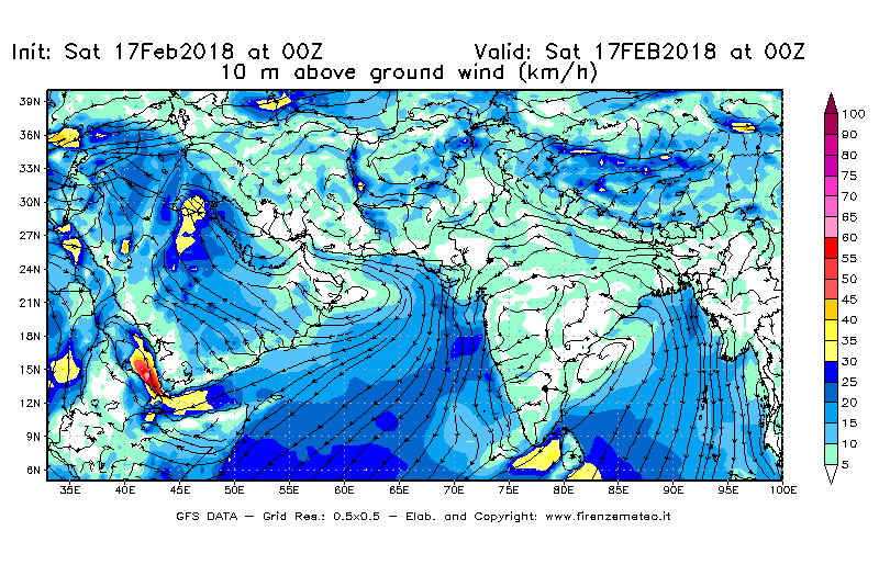 Mappa di analisi GFS - Velocità del vento a 10 metri dal suolo [km/h] in Asia Sud-Occidentale
							del 17/02/2018 00 <!--googleoff: index-->UTC<!--googleon: index-->