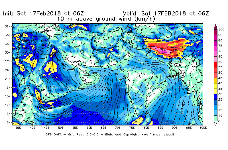Mappa di analisi GFS - Velocità del vento a 10 metri dal suolo [km/h] in Asia Sud-Occidentale
							del 17/02/2018 06 <!--googleoff: index-->UTC<!--googleon: index-->