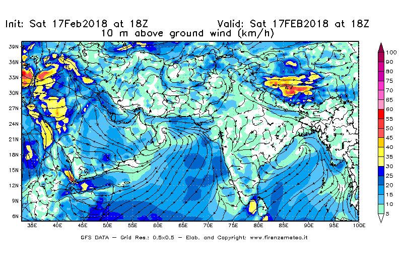 Mappa di analisi GFS - Velocità del vento a 10 metri dal suolo [km/h] in Asia Sud-Occidentale
							del 17/02/2018 18 <!--googleoff: index-->UTC<!--googleon: index-->