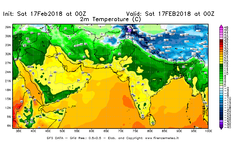 Mappa di analisi GFS - Temperatura a 2 metri dal suolo [°C] in Asia Sud-Occidentale
							del 17/02/2018 00 <!--googleoff: index-->UTC<!--googleon: index-->