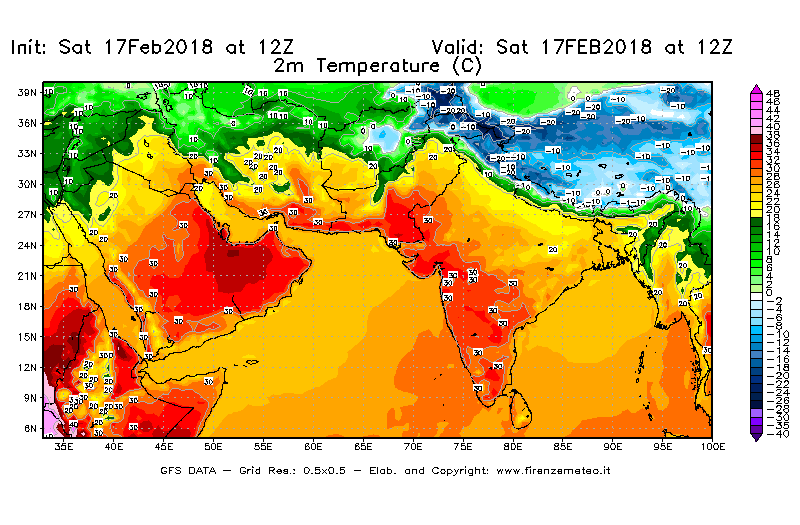 Mappa di analisi GFS - Temperatura a 2 metri dal suolo [°C] in Asia Sud-Occidentale
							del 17/02/2018 12 <!--googleoff: index-->UTC<!--googleon: index-->