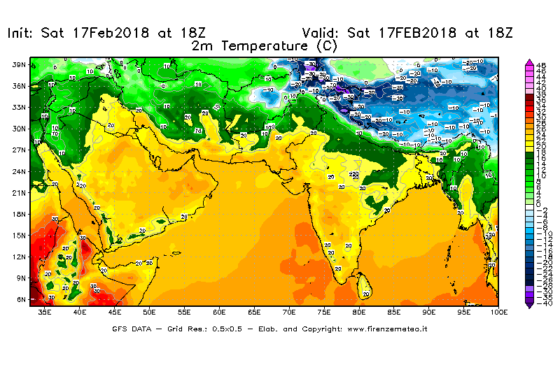 Mappa di analisi GFS - Temperatura a 2 metri dal suolo [°C] in Asia Sud-Occidentale
							del 17/02/2018 18 <!--googleoff: index-->UTC<!--googleon: index-->