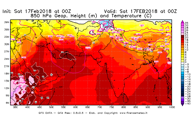 Mappa di analisi GFS - Geopotenziale [m] e Temperatura [°C] a 850 hPa in Asia Sud-Occidentale
							del 17/02/2018 00 <!--googleoff: index-->UTC<!--googleon: index-->