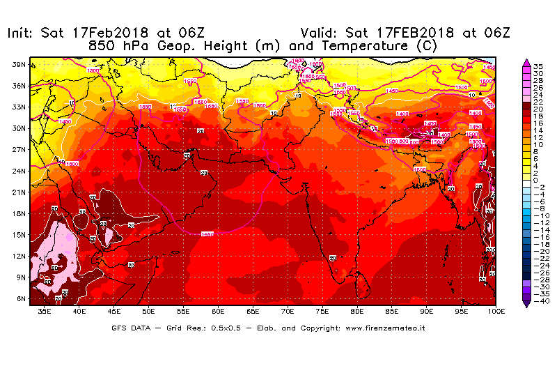 Mappa di analisi GFS - Geopotenziale [m] e Temperatura [°C] a 850 hPa in Asia Sud-Occidentale
							del 17/02/2018 06 <!--googleoff: index-->UTC<!--googleon: index-->
